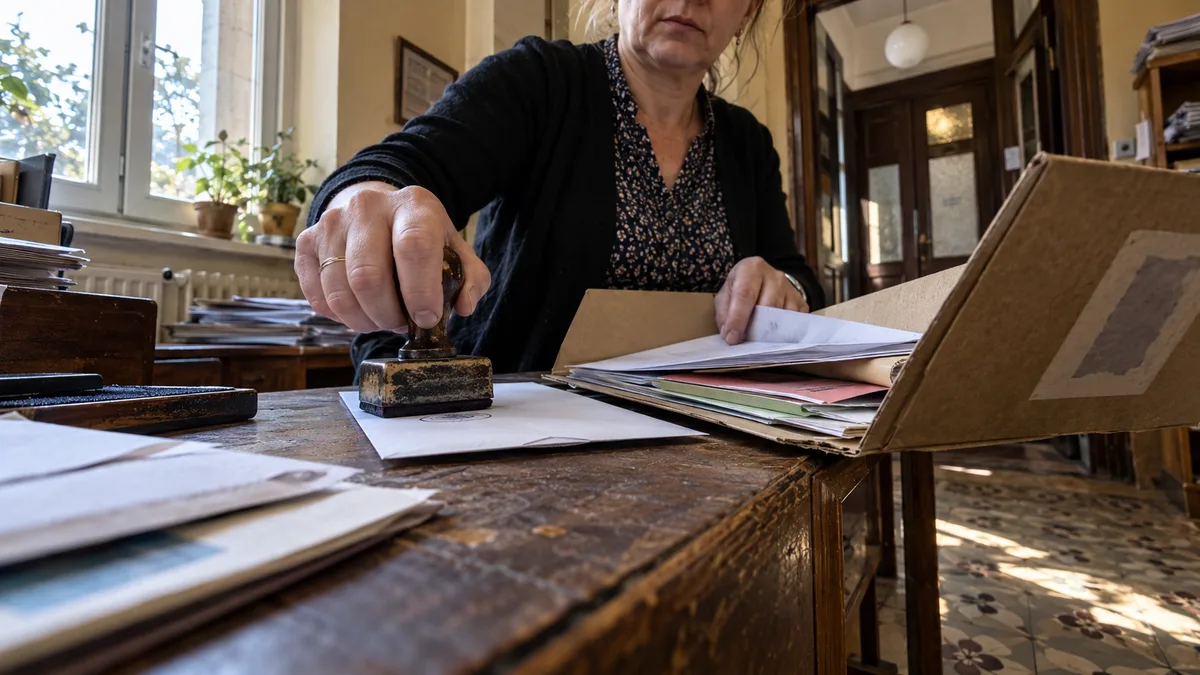 Úřednice v podatelně razítkuje doručenou obálku a zakládá dokumenty téhož případu do otevřené spisové obálky.