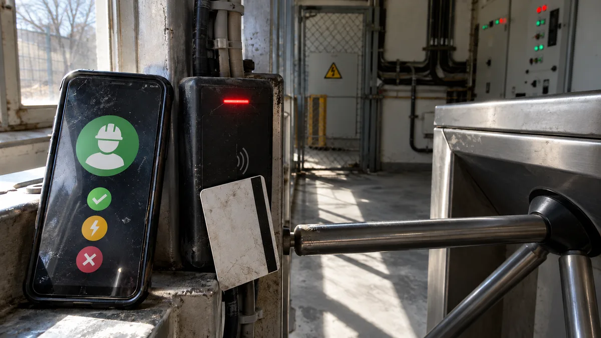 Telefon s digitálním dokladem pracovníka opřený o čtečku karet u turniketu při vstupu do technické rozvodny.