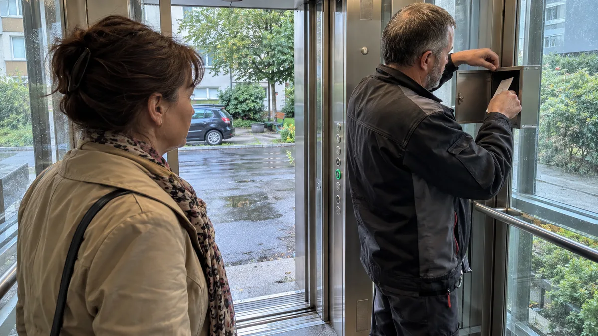 Člen výboru SVJ kontroluje evidenci zařízení, revizních dokladů, termínů a otevřených závad bytového domu.