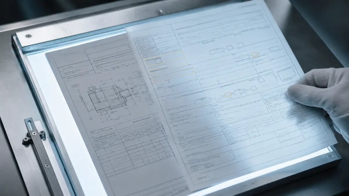 Průsvitná kopie technického protokolu položená přes originál na světelném kontrolním stole.
