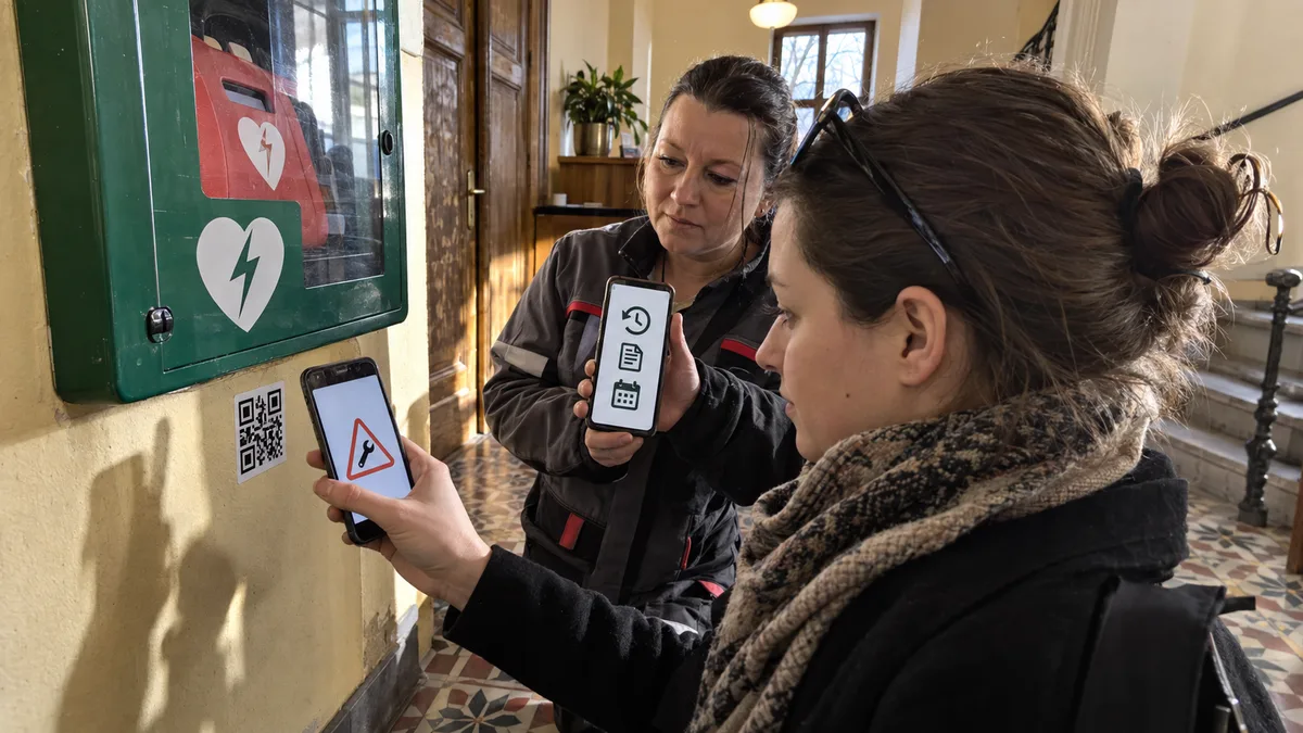 Pracovnice načítají telefonem QR kód u skříňky s defibrilátorem a otevírají kartu zařízení.