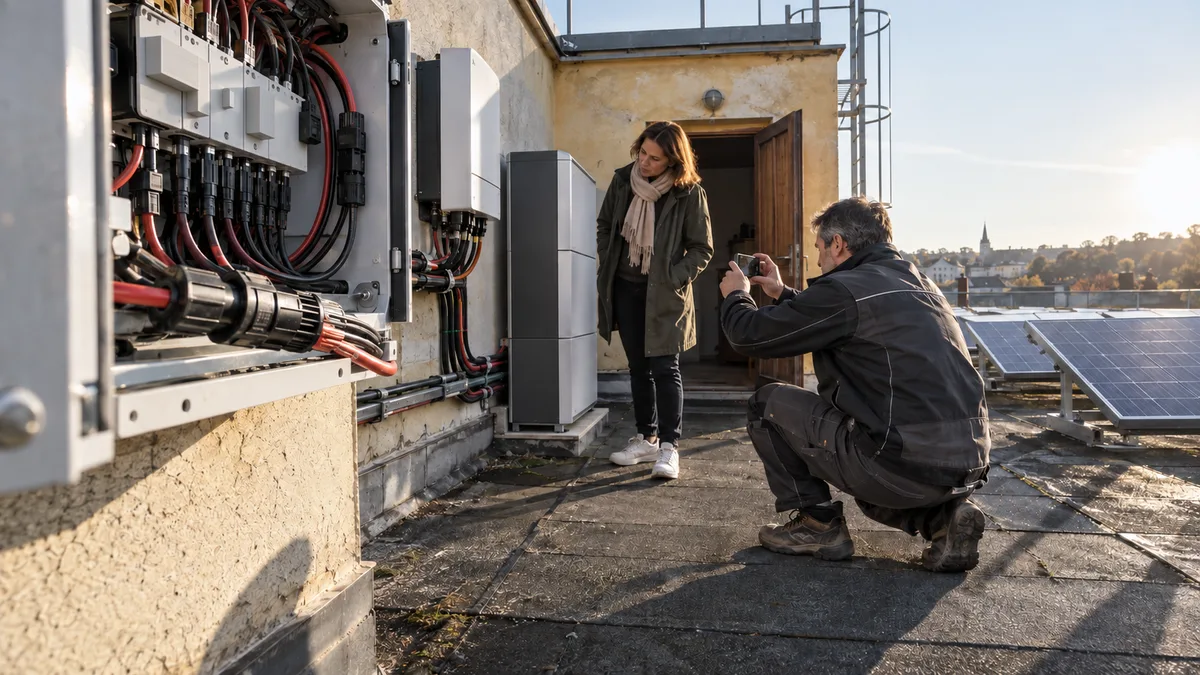 Technik fotografuje na střeše rozvaděč, střídač a bateriové úložiště fotovoltaické elektrárny.