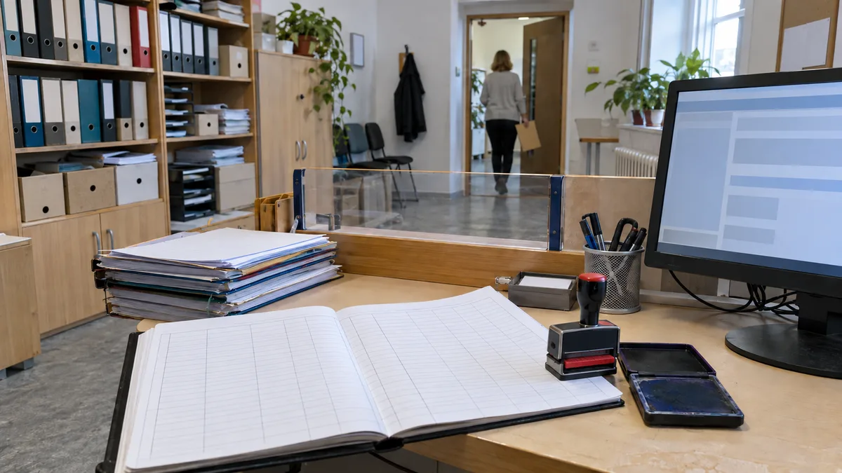 Podatelna s regálem šanonů, otevřeným podacím deníkem, razítkem a monitorem s evidencí dokumentů.