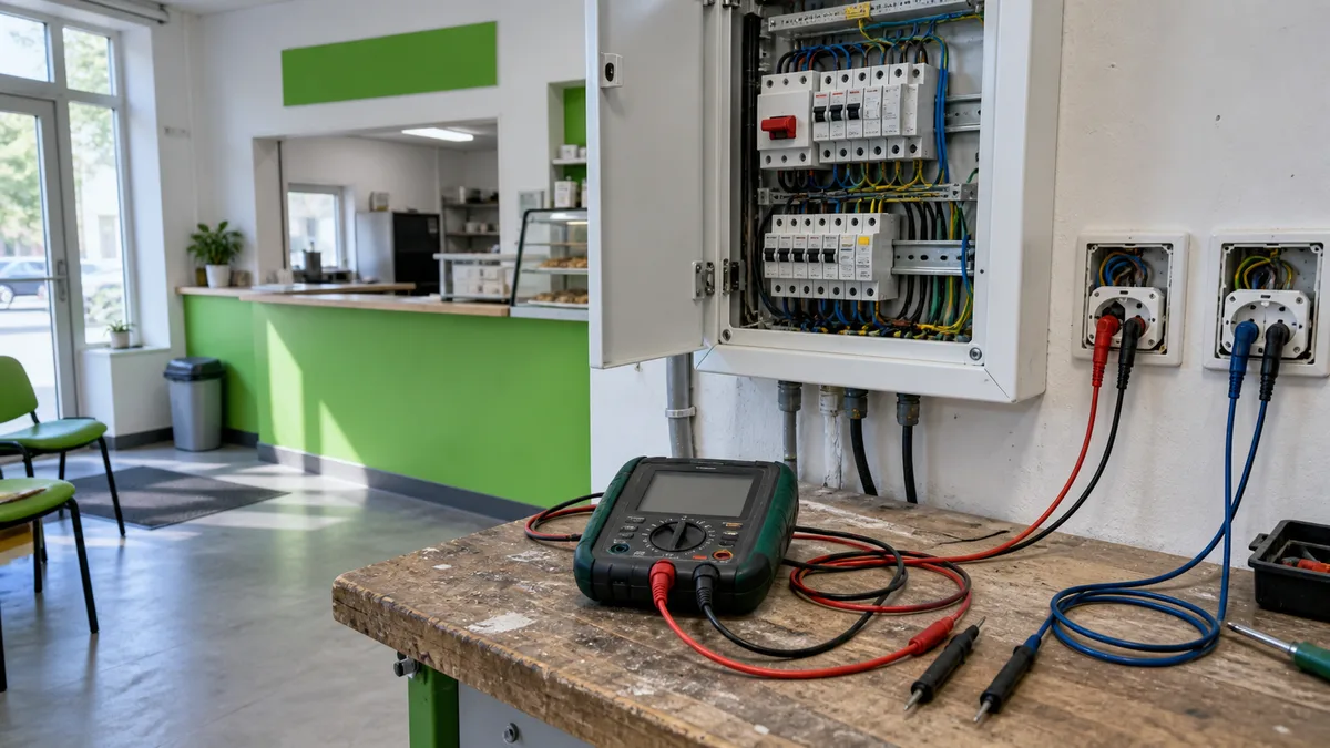 Nově osazený elektrický rozvaděč s otevřenými dvířky, měřicím přístrojem na vodiči a deskami s dokumentací na dokončované stavbě.