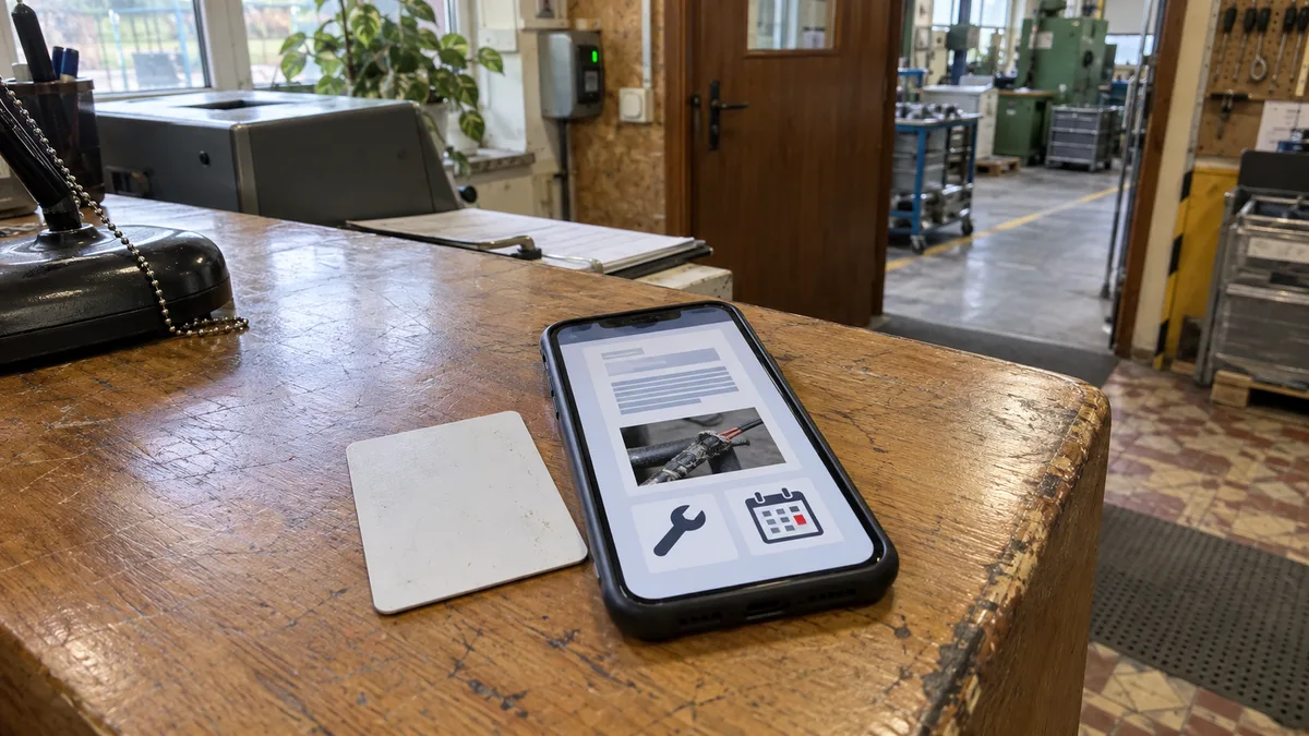 Telefon na pultu dílny zobrazuje revizní zprávu s fotografií závady, servisním úkonem a dalším termínem.