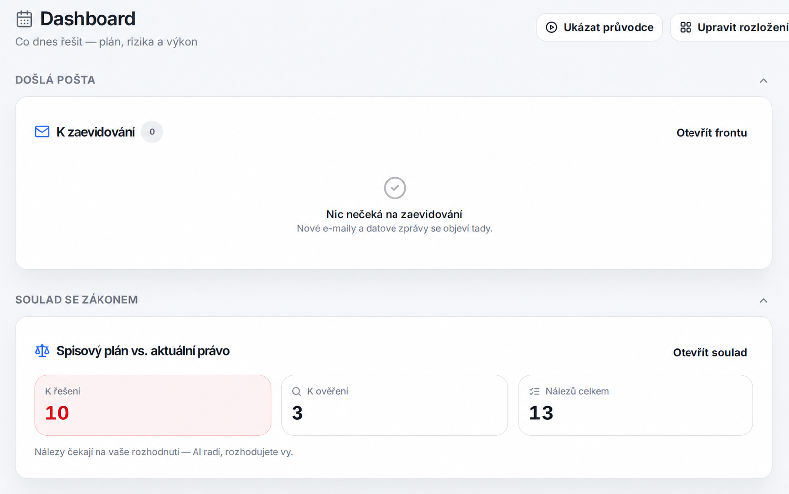 Zvětšený detail provozního dashboardu InvoAIM s došlou poštou, compliance a pracovními oblastmi