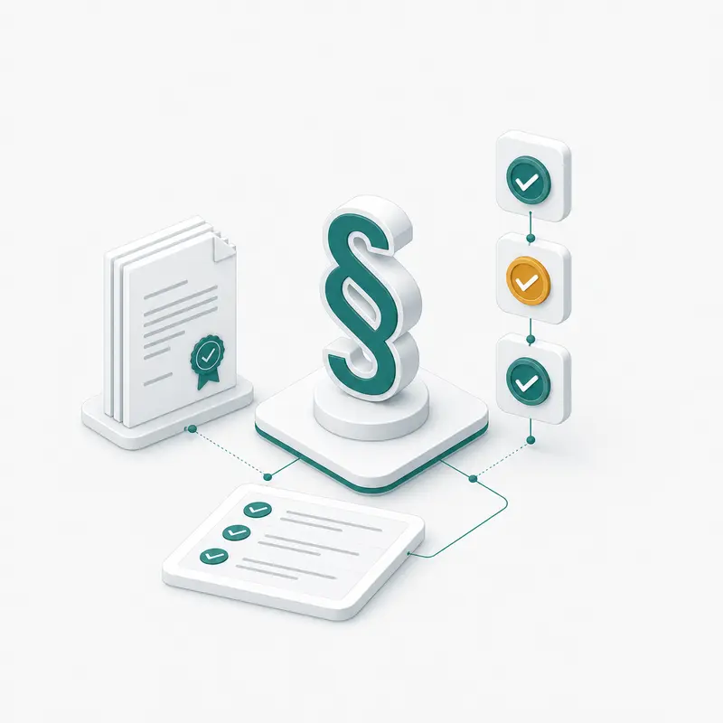 Ilustrace compliance kontroly s paragrafem, stavovým semaforem a kontrolním seznamem